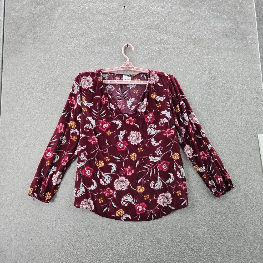 Old Navy Women Blouse L Burgundy Floral V-Neck Pullover